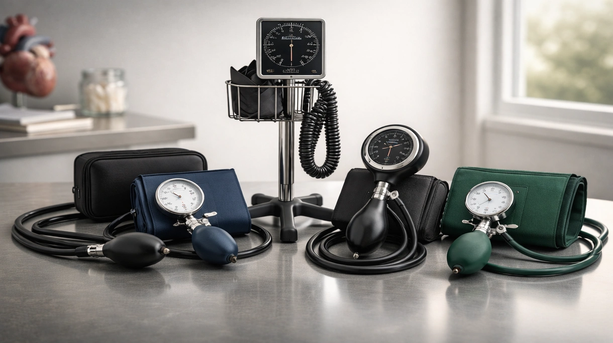 Arzt verwendet ein professionelles Aneroid-Blutdruckmessgerät zur Messung des Blutdrucks eines Patienten in einem modernen klinischen Untersuchungsraum.
