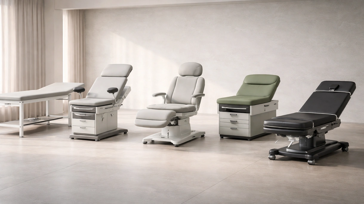 Medizinisches Fachpersonal stellt die Höhe einer elektrischen Untersuchungsliege während einer Patientenberatung in einer modernen Einrichtung für die Primärversorgung ein.