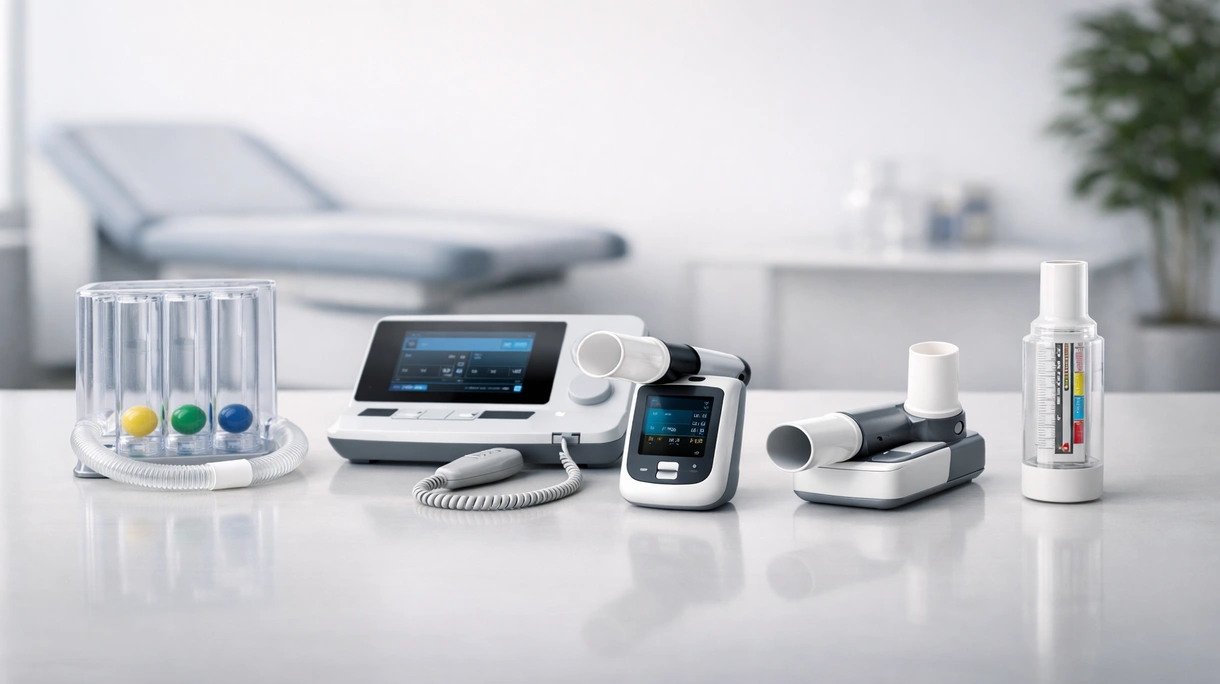 Medizinisches Fachpersonal bei der Anleitung eines Patienten während eines klinischen Spirometrie-Tests in einem modernen pneumologischen Labor eines Krankenhauses.