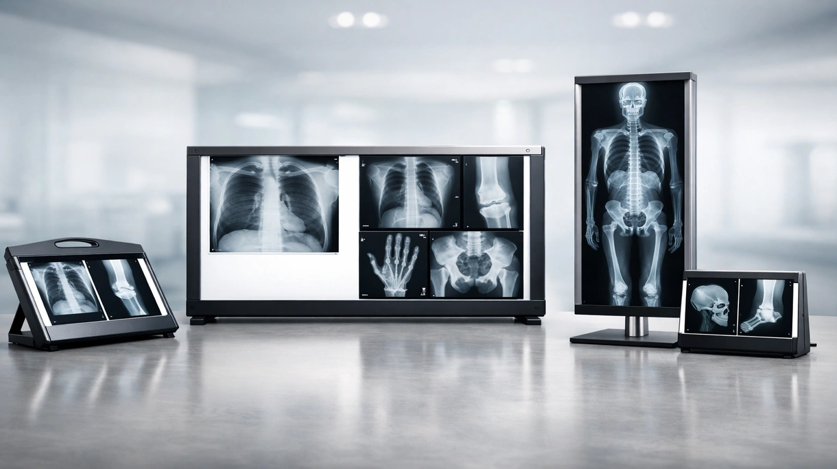 Radiologe bei der Durchsicht klinischer Aufnahmen an einem wandmontierten Mehrfeld-LED-Röntgenfilmbetrachter in einer sterilen Abteilung für diagnostische Bildgebung.