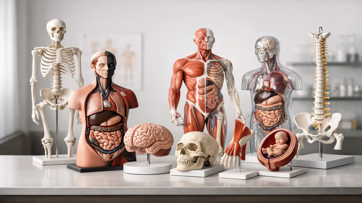 Medizinstudierende untersuchen ein lebensgroßes menschliches Skelettmodell während einer fortgeschrittenen klinischen Anatomie-Schulung in einem Labor.