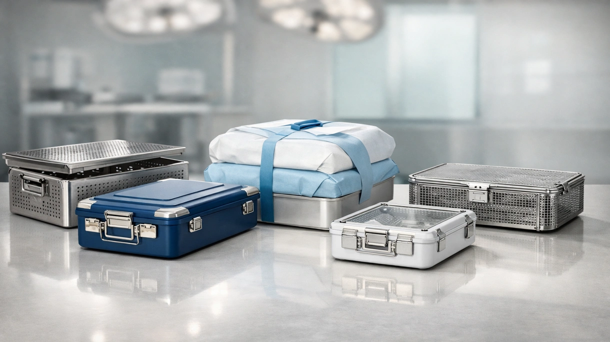 Medizinisches Fachpersonal bereitet einen sterilen Aluminiumcontainer auf einem chirurgischen Vorbereitungstisch in einem modernen Operationssaal vor.