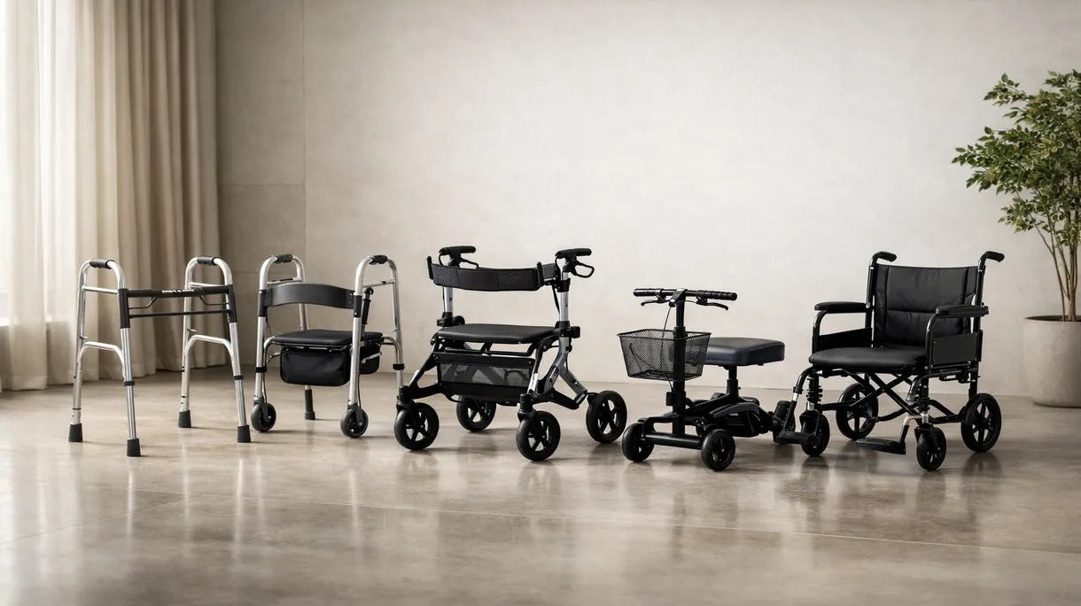 Physiotherapeut unterstützt einen älteren Patienten bei der Nutzung eines professionellen fahrbaren Rollators in einem hellen, modernen Rehabilitationsflur eines Krankenhauses.