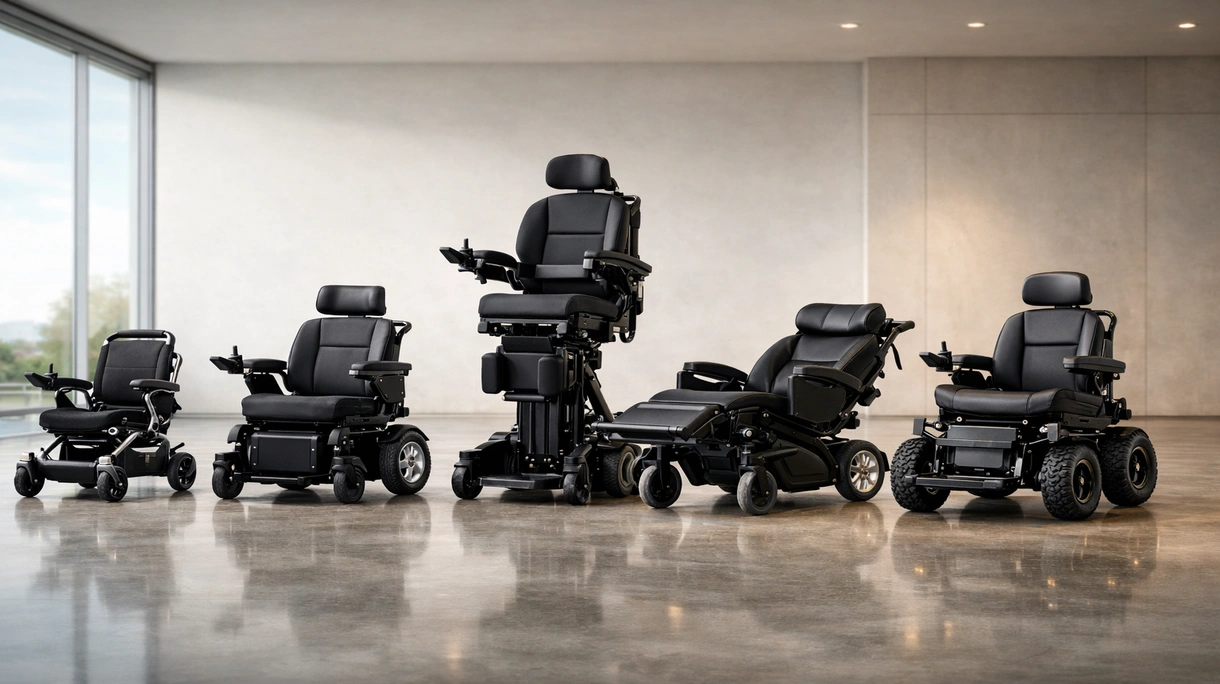 Professionelle Pflegekraft unterstützt einen Patienten in einem elektrischen Rollstuhl in einem modernen Rehabilitationsflur eines Krankenhauses.