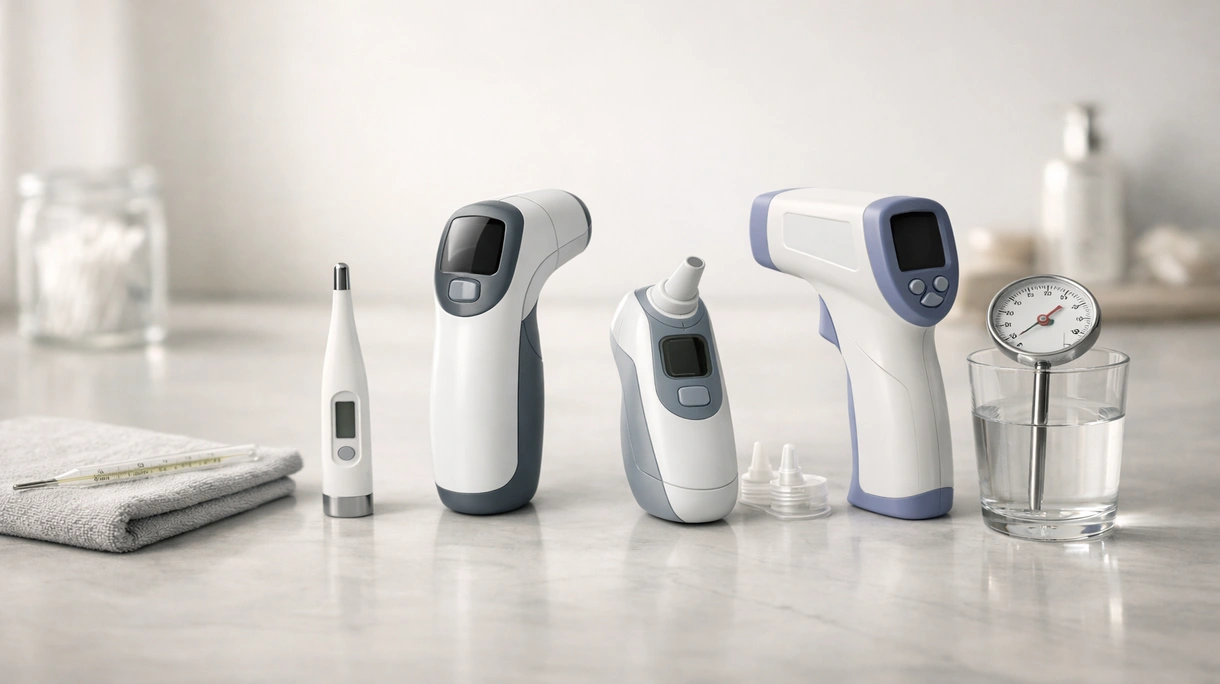 Klinisches Infrarot-Thermometer, das von medizinischem Fachpersonal zur Überwachung eines Patienten in einer sterilen Krankenhausstation verwendet wird.