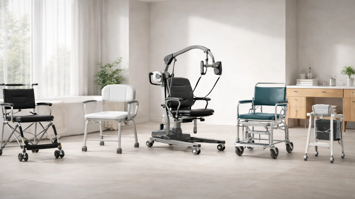 Medizinisches Fachpersonal nutzt einen ergonomischen Transportstuhl, um einen Patienten sicher durch einen modernen Krankenhausflur zu bewegen.