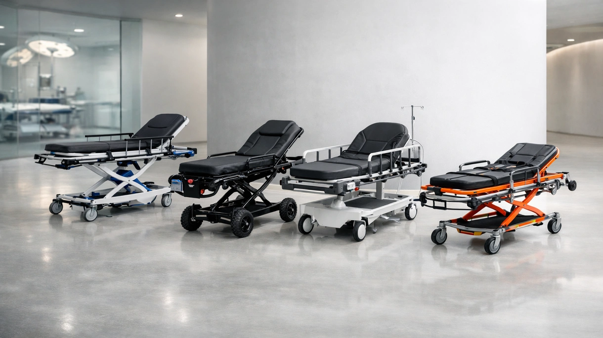 Klinisches Personal manövriert eine hydraulische Fahrtrage während eines Notfall-Patiententransports durch einen Krankenhauskorridor.