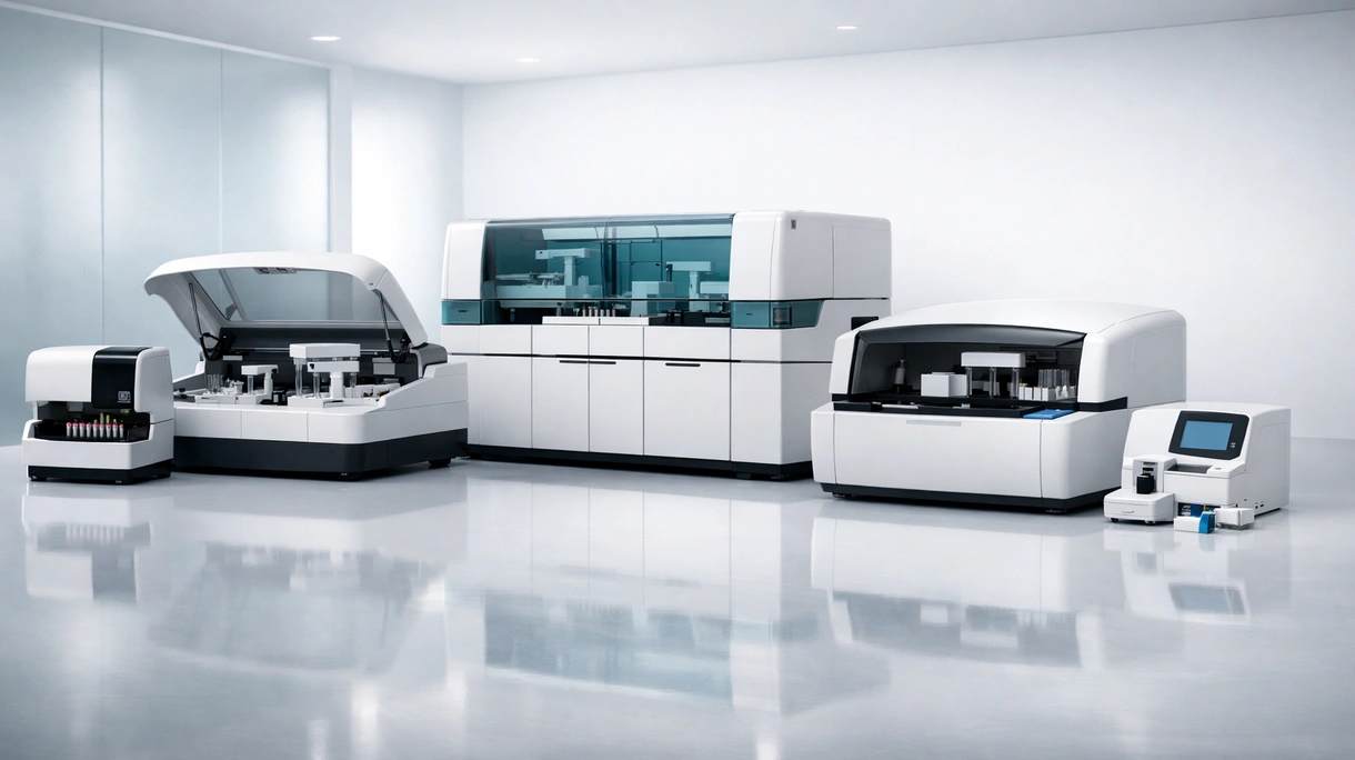 Klinikpersonal belädt ein hochmodernes, automatisiertes biochemisches Analysegerät in einem modernen Krankenhaus mit Patientenproben.