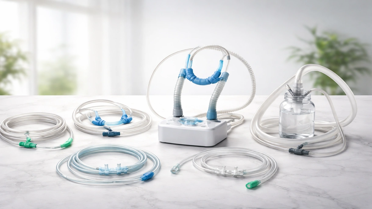 Klinisches Personal passt eine High-Flow-Nasenbrille bei einem Patienten auf einer sterilen Intensivstation zur Atemunterstützung an.