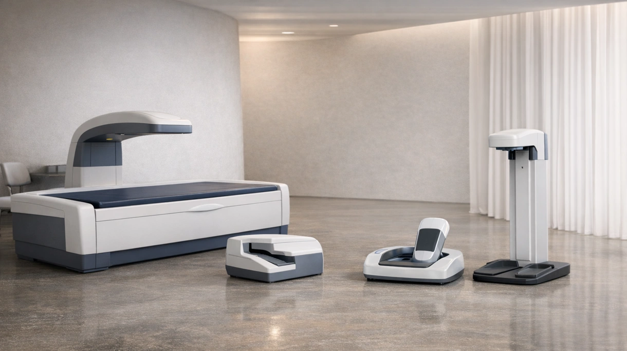 Klinischer DXA-Scanner bei einer Hüftuntersuchung eines Patienten in einer sterilen Radiologie-Suite, während Fachpersonal den Fortschritt überwacht.