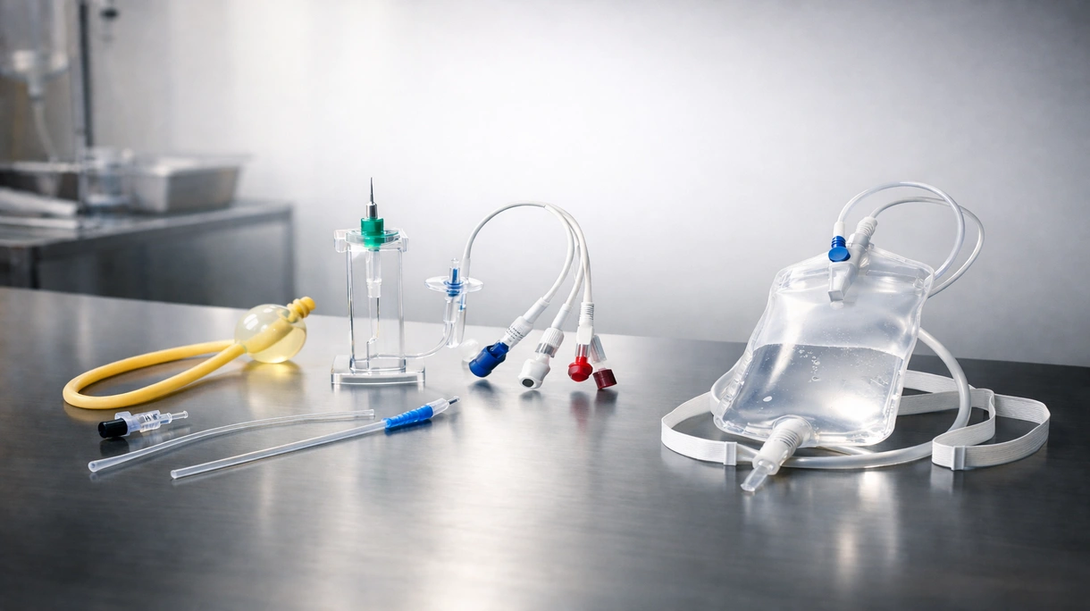 Steriles Einführen eines intravenösen Katheters durch medizinisches Fachpersonal in einem chirurgischen Umfeld mit Fokus auf die Einstichstelle.