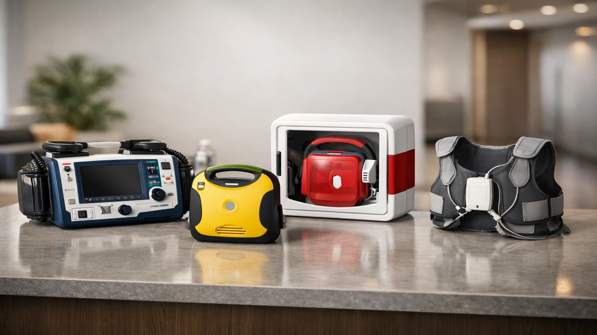 Rettungssanitäter verwendet einen professionellen externen Defibrillator bei einem Patienten während eines medizinischen Notfallintervalls im klinischen Umfeld.
