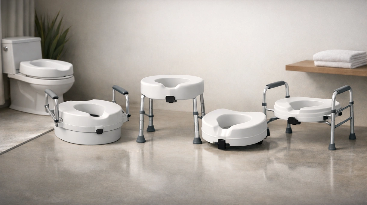 Professionelle orthopädische Toilettensitzerhöhung, installiert auf einer klinischen Sanitäreinrichtung mit integrierten Sicherheits-Seitengriffen.