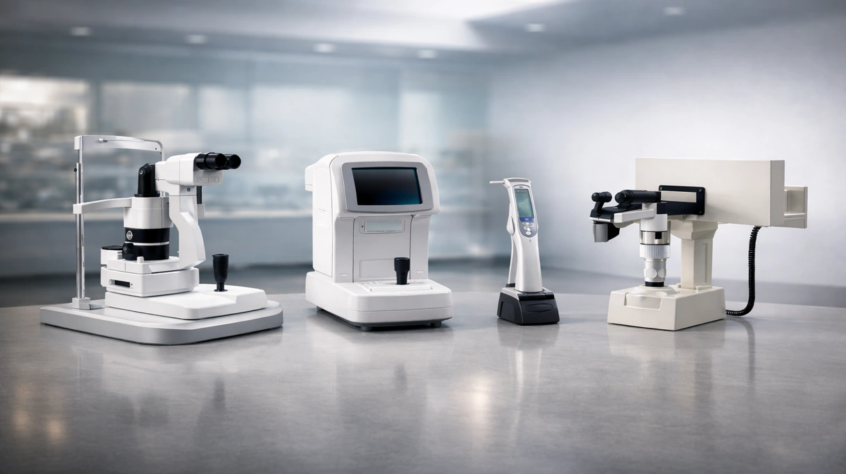 Ophthalmologe bei der Messung des Augeninnendrucks eines Patienten mit einem professionellen berührungslosen Non-Contact-Tonometer.