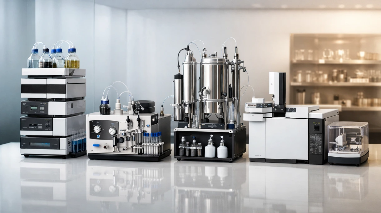 Kliniklaborant beim Laden von Patientenproben in einen automatisierten Flüssigkeitschromatographen in einer sterilen Umgebung.