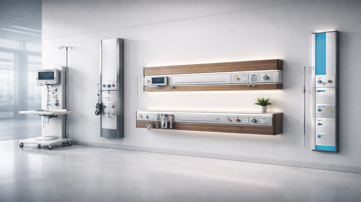 Horizontale medizinische Versorgungseinheit, installiert in einem modernen Krankenhauszimmer, mit integrierten Gasentnahmestellen und LED-Untersuchungsbeleuchtungssystemen.