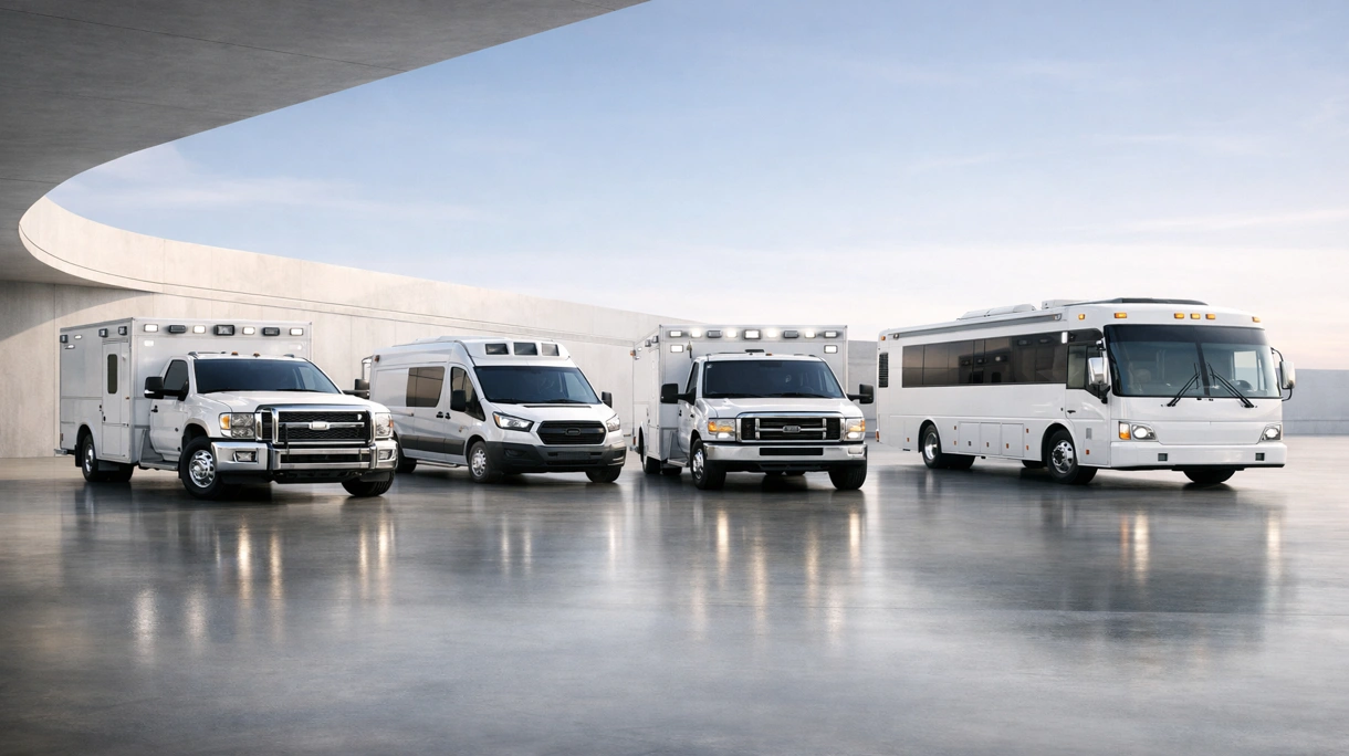 Rettungssanitäter laden eine moderne Ambulanz mit einer elektrischen Fahrtrage am Eingang einer Krankenhaus-Notaufnahme.