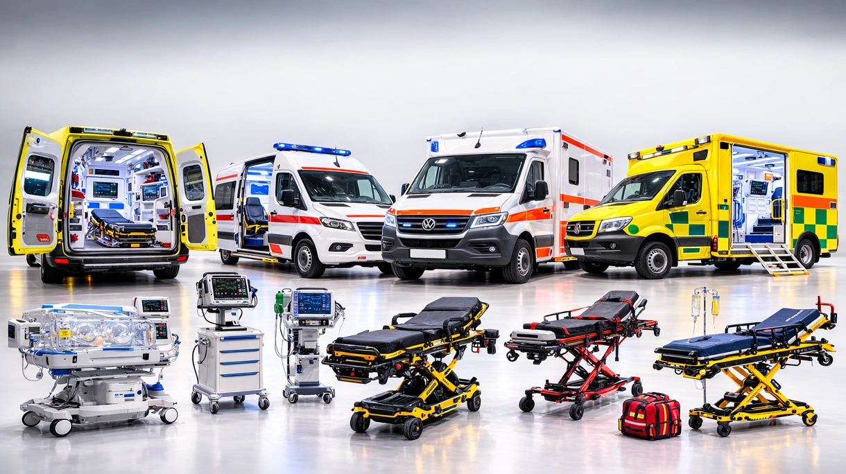 Professionelles medizinisches Team bedient ein Intensivbeatmungsgerät in einer voll ausgestatteten Ambulanz für Intensivpflege während des Transports.