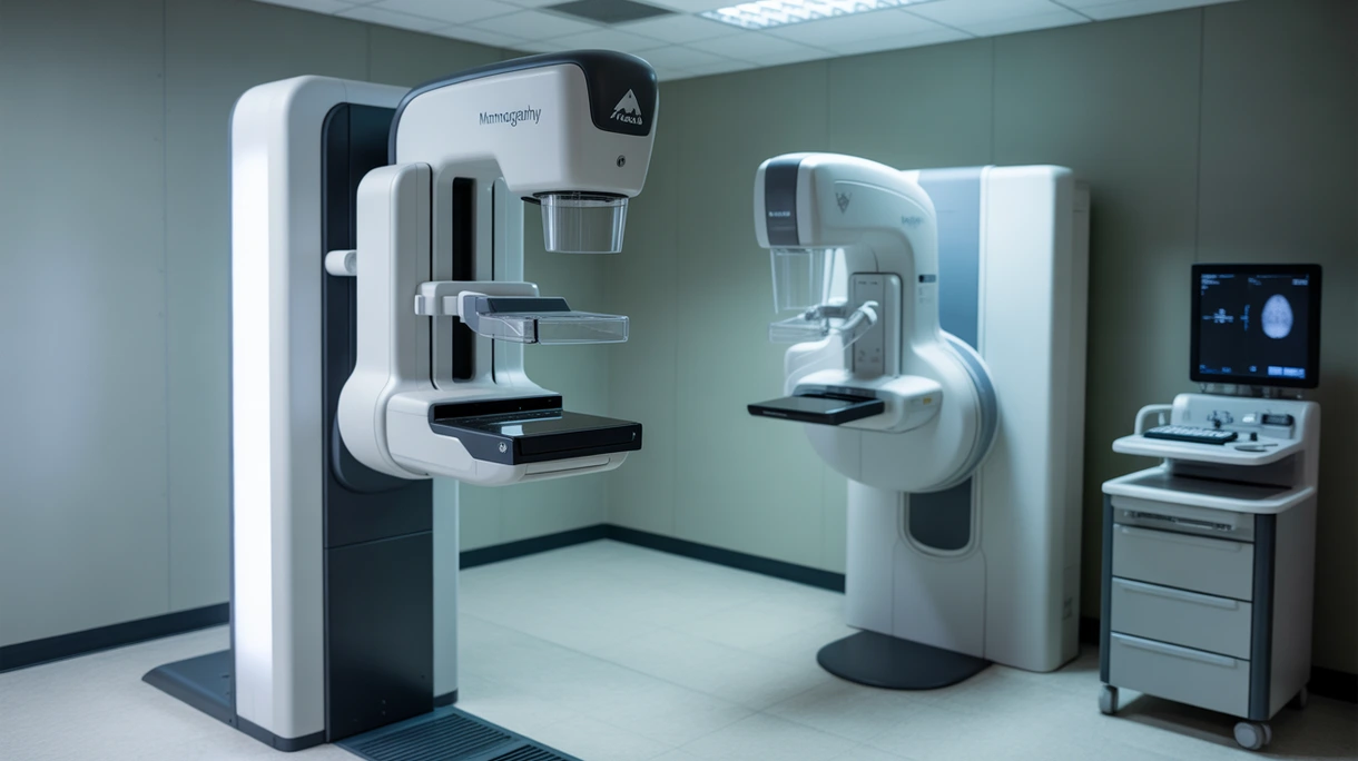 Eine klinische Radiologin positioniert eine Patientin für eine diagnostische Brustuntersuchung an einem modernen digitalen Mammographie-Bildgebungssystem.