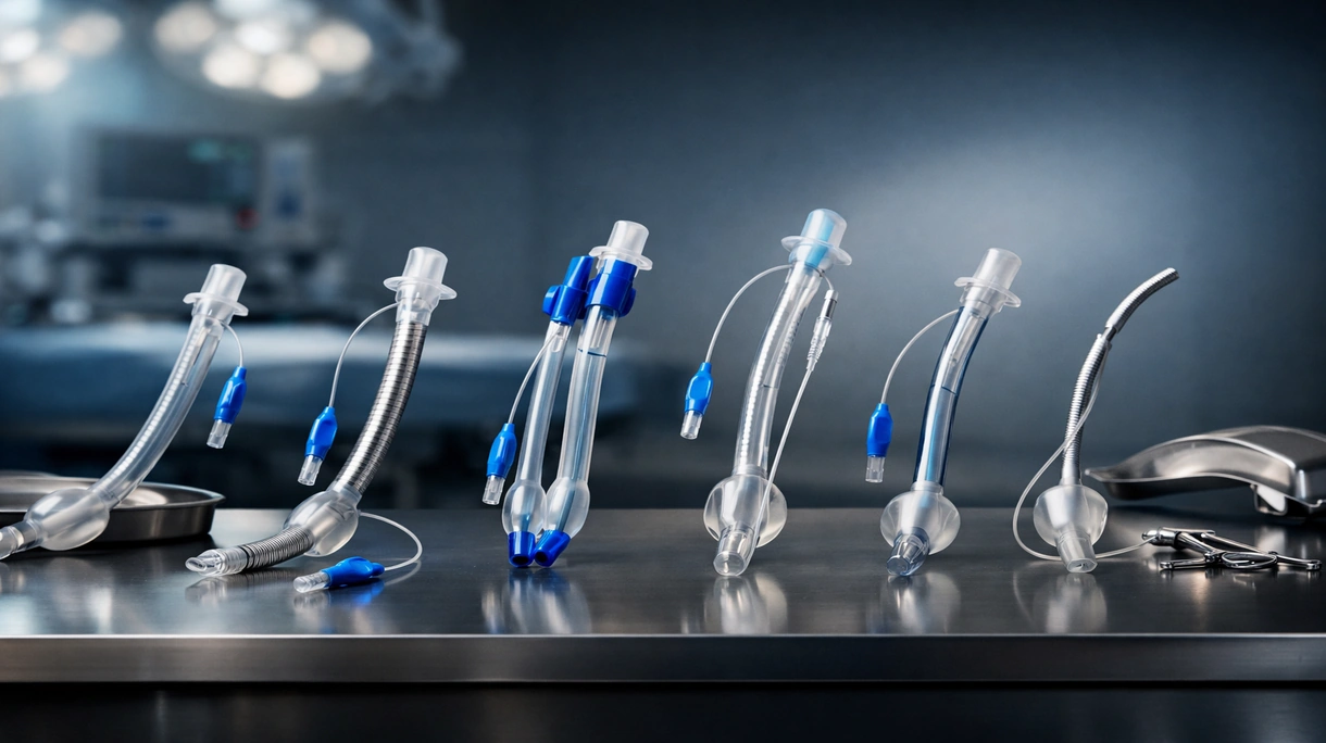 Medizinisches Fachpersonal führt eine Intubation mit einem sterilen Endotrachealtubus in einem hochmodernen Operationssaal durch.