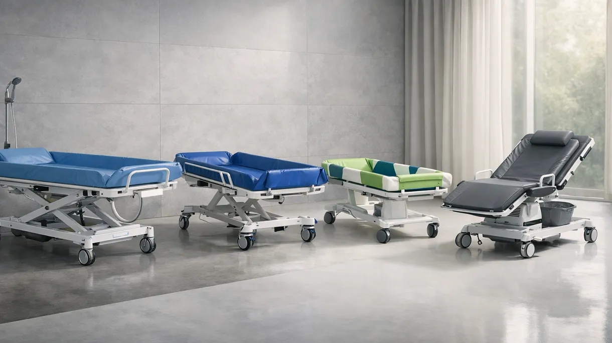 Pflegefachkraft bei der Verwendung eines höhenverstellbaren Duschwagens zum sicheren Patiententransfer in einem sterilen Krankenhausbad.