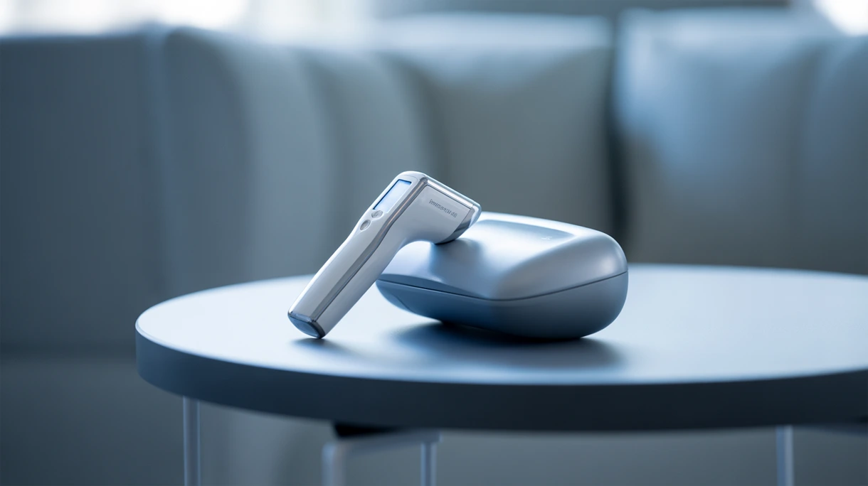 Medizinisches Fachpersonal verwendet ein kontaktloses Stirnthermometer zur Untersuchung eines Patienten in einer sterilen klinischen Triage-Umgebung im Krankenhaus.