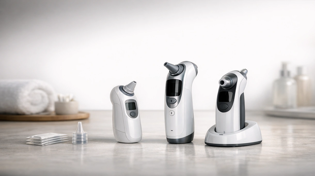 Professionelles medizinisches Personal verwendet ein klinisches Ohrthermometer zur Messung der Temperatur eines Patienten in einer medizinischen Einrichtung.