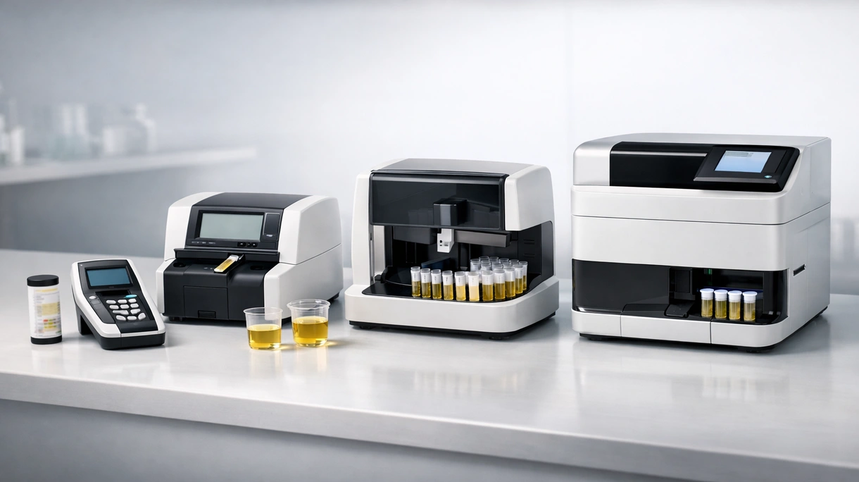 Klinische Laborfachkraft bei der Bearbeitung von Patientenproben mit einem automatisierten Urin-Analysegerät in einer medizinischen Einrichtung mit hohem Durchsatz.