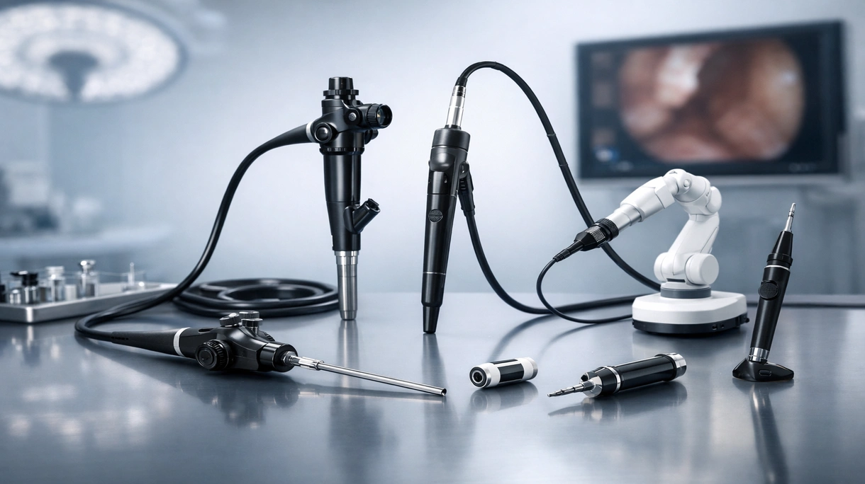 Gastroenterologe bei der Durchführung eines diagnostischen Verfahrens mit einem flexiblen medizinischen Endoskop in einem sterilen Operationssaal.