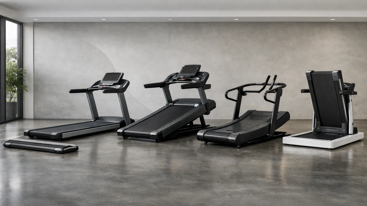 Physiotherapeut unterstützt einen Patienten auf einem medizinischen Laufband mit Sicherheitsgeländern in einer hellen klinischen Rehabilitationseinrichtung.