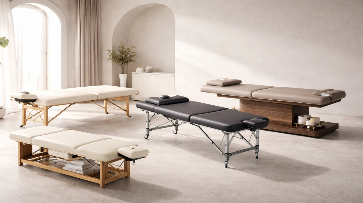 Klinischer Physiotherapeut bei der manuellen Therapie an einem Patienten auf einer verstellbaren elektrischen medizinischen Massageliege in einem Reha-Zentrum.