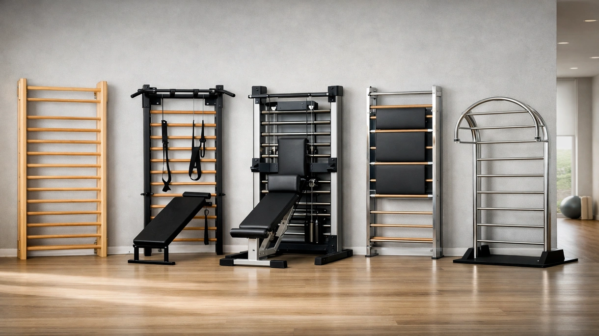 Physiotherapeut unterstützt einen Patienten beim Schlingentraining an einer professionellen Sprossenwand aus Holz in einer hellen Rehabilitationsklinik.