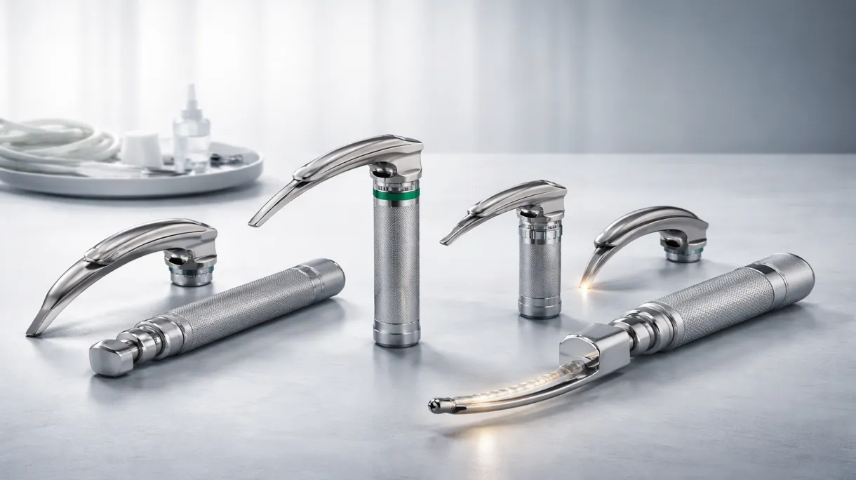 Anästhesist bei der Verwendung eines Laryngoskopspatels aus Edelstahl während einer simulierten Intubation in einem modernen Operationssaal.
