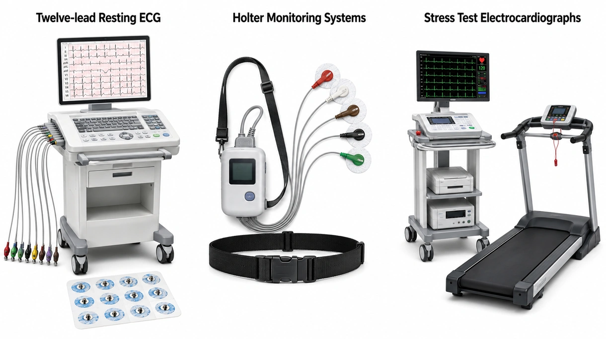 Technische Ansicht eines hochauflösenden Bildschirms eines Elektrokardiographen, der Echtzeit-Herzwellenformen und digitale diagnostische Messdaten anzeigt.
