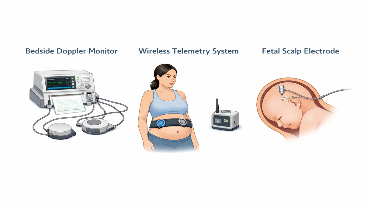 Nahaufnahme eines wasserfesten, kabellosen Fetal-Transducers mit ergonomischem Griff und Hochfrequenz-Ultraschallsensor-Oberfläche für den klinischen Einsatz.