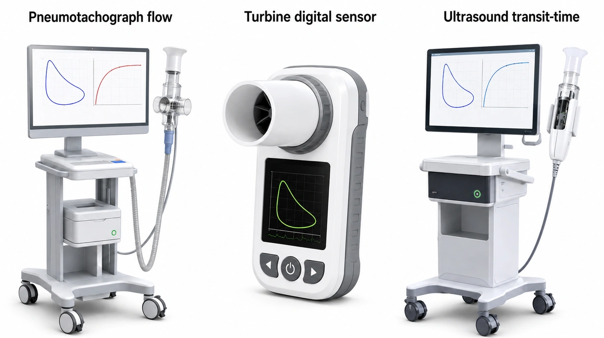 Nahaufnahme eines digitalen Spirometer-Turbinensensors, die die präzisen internen Komponenten für eine genaue Luftstrommessung zeigt.