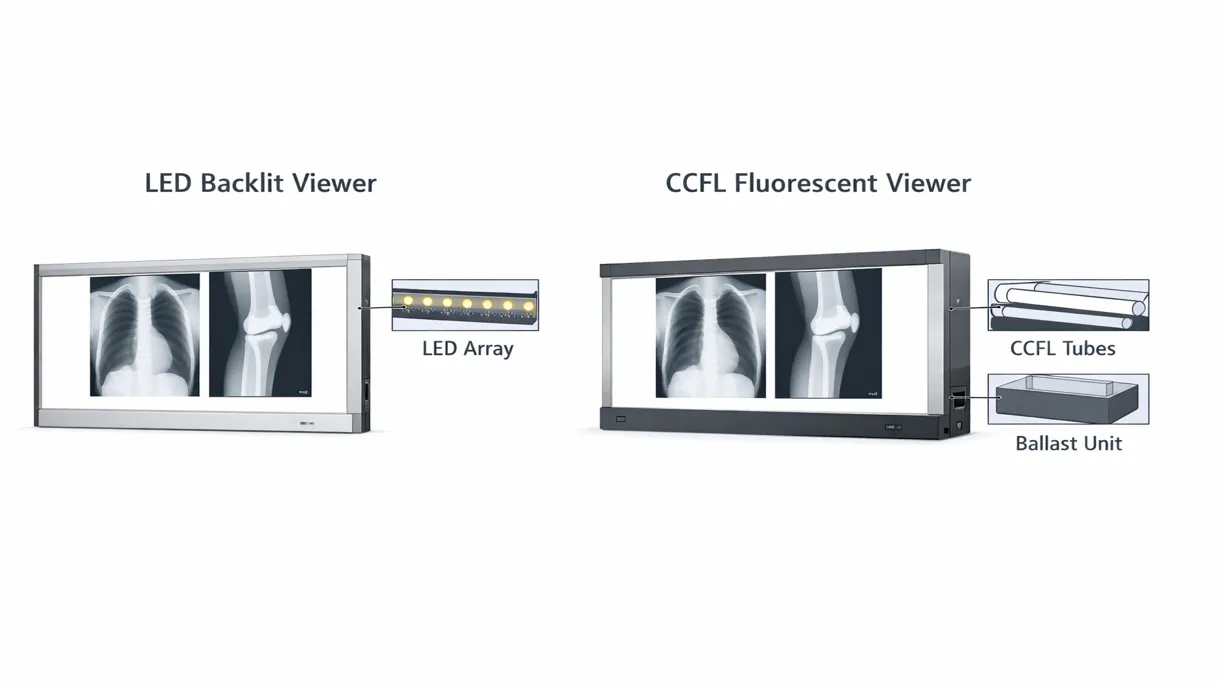 Nahaufnahme des homogenen LED-Arrays und des ergonomischen Rollen-Klemm-Mechanismus an einem professionellen medizinischen Negatoskop.
