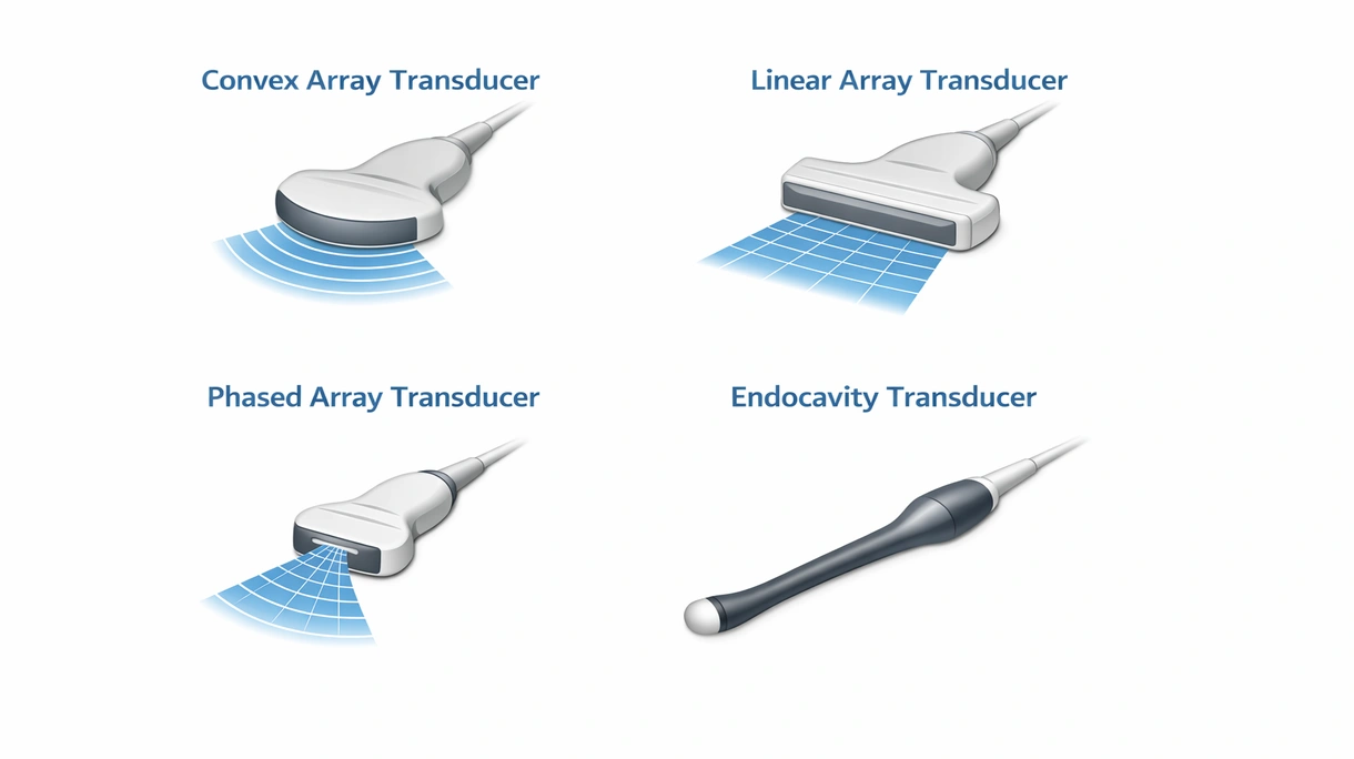 Technische Nahaufnahme des piezoelektrischen Element-Arrays und der akustischen Linse einer hochfrequenten Linear-Ultraschallsonde.