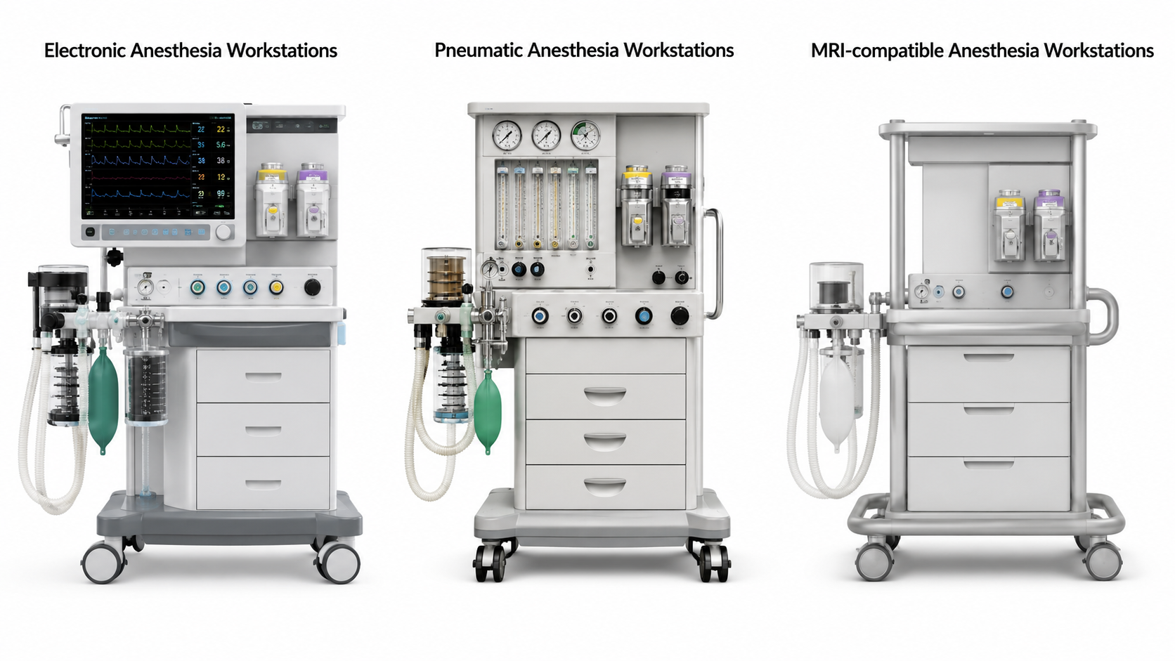 Technische Nahaufnahme eines Anästhesiearbeitsplatzes mit elektronischen Flowmetern, Verdampferanschlüssen und integriertem Beatmungsbalg.