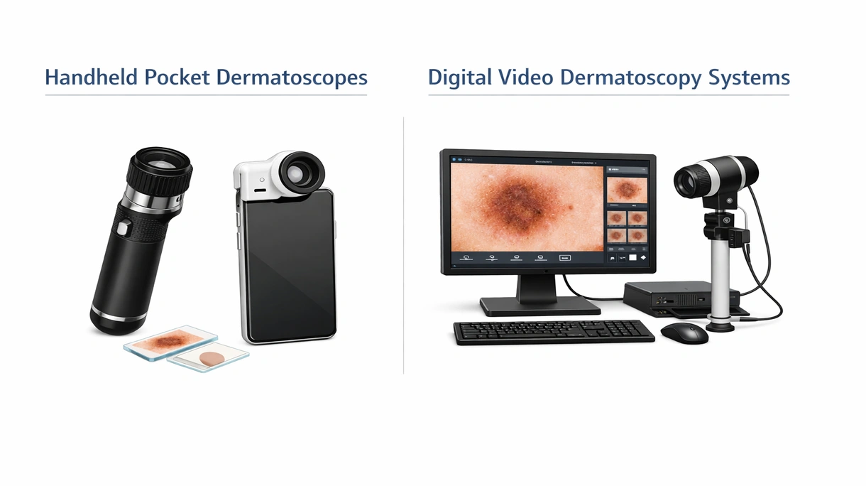 Technische Nahaufnahme eines hochauflösenden Dermatoskop-Linsensystems mit interner LED-Beleuchtung und optischen Präzisionskomponenten.