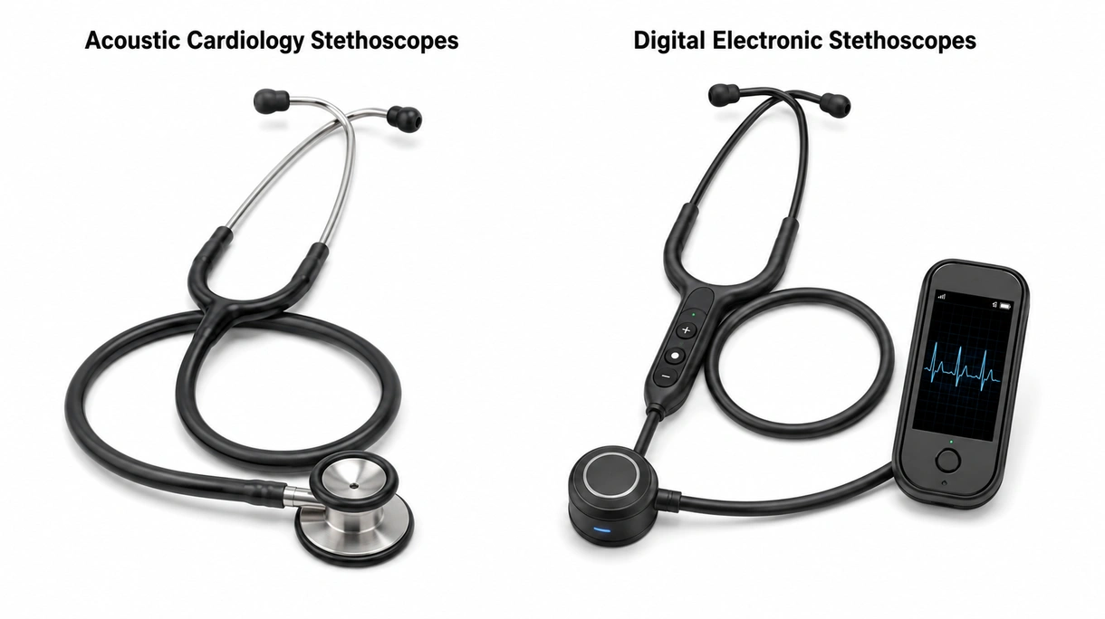Nahaufnahme eines Bruststücks eines Edelstahl-Stethoskops für Kardiologie mit Darstellung der abstimmbaren Membran und des Doppel-Lumen-Schlauchs.