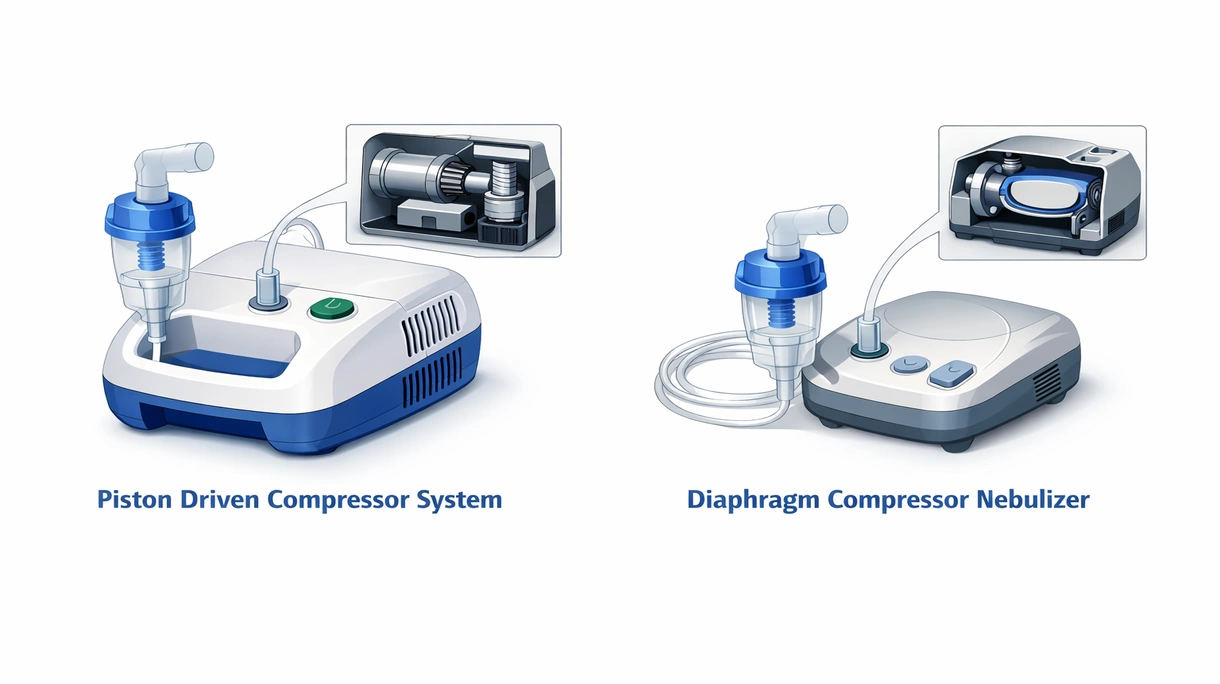 Detailaufnahme eines Luftfilters und Schlauchanschlusses eines medizinischen Verneblers mit Kompressoren, die die professionelle Konstruktion verdeutlicht.