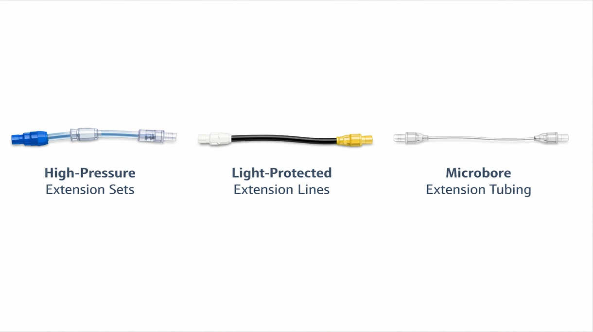 Nahaufnahme eines medizinischen Luer-Lock-Anschlusses und eines transparenten Microbore-Schlauchs an einem sterilen Infusions-Verlängerungsset.