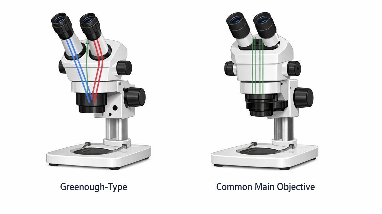 Technische Nahaufnahme eines Common-Main-Objective-Objektivs mit apochromatischer Beschichtung und integriertem LED-Ringlichtsystem.