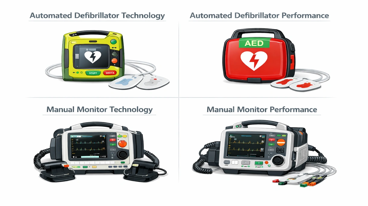 Nahaufnahme eines biphasischen Defibrillator-Bildschirms mit Herzfrequenz-Monitoring und Tasten zur Energiewahl für medizinisches Personal.