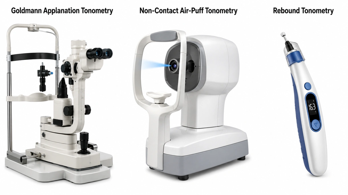 Nahaufnahme eines Goldmann-Applanationstonometer-Biprismas, das für eine präzise diagnostische Messung am menschlichen Auge ausgerichtet ist.