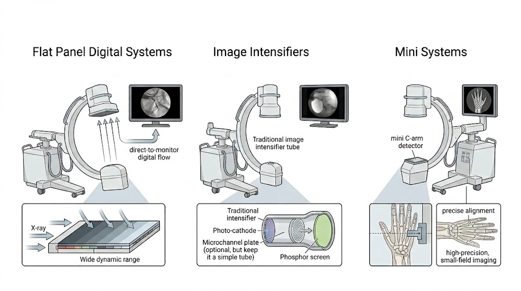 Nahaufnahme eines hochauflösenden Flachdetektors an einem modernen C-Bogen, wobei die elegante digitale Schnittstelle in medizinischer Qualität hervorgehoben wird.