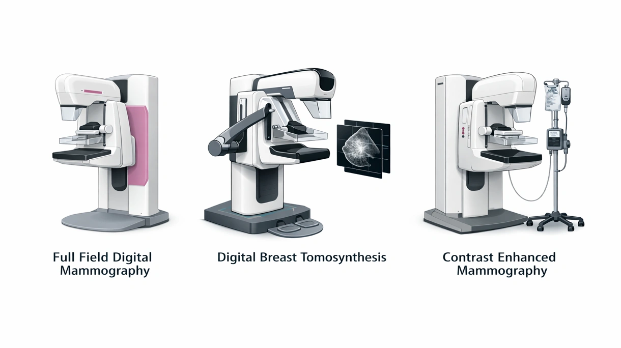 Detaillierte Nahaufnahme einer digitalen Röntgenröhre und der Kompressionsplatte eines Mammographiegeräts, die Präzisionstechnik für die klinische Bildgebung zeigt.