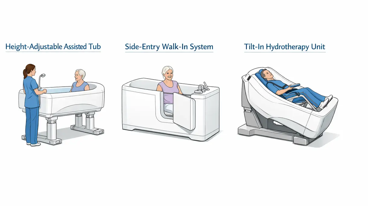 Nahaufnahme des digitalen Bedienfelds einer Pflegebadewanne mit Temperaturüberwachung und Status der automatisierten Desinfektion.