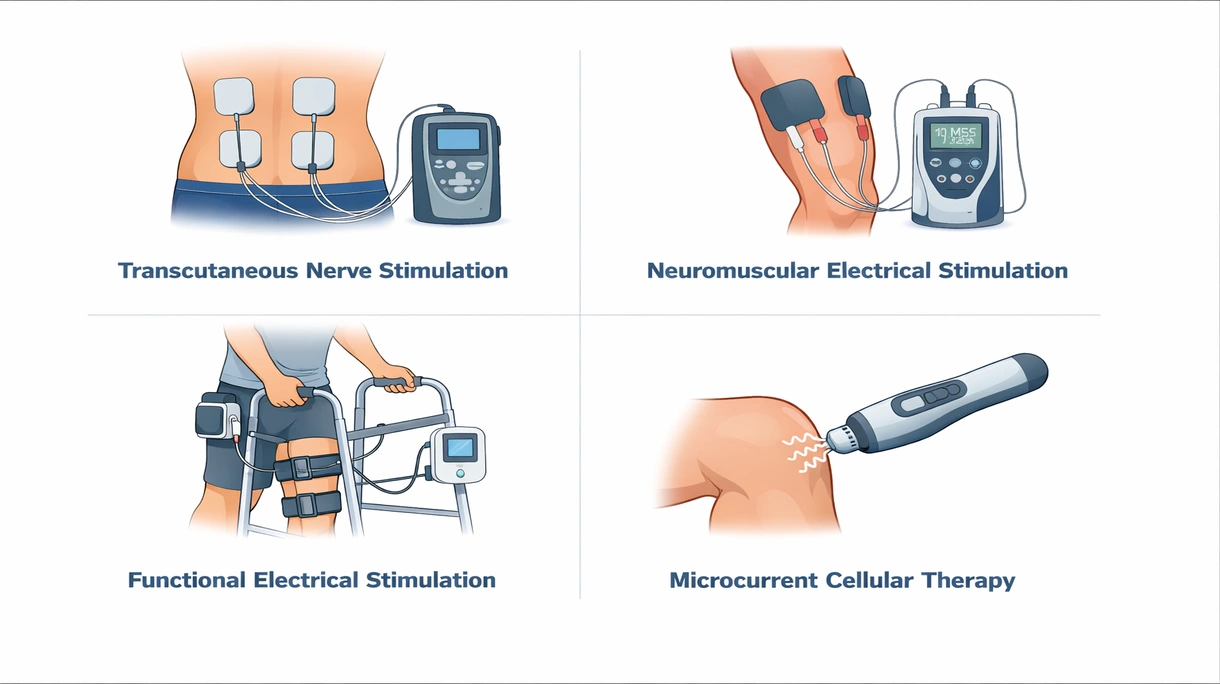 Nahaufnahme einer hochauflösenden Touchscreen-Schnittstelle an einem professionellen Elektrostimulator, die therapeutische Wellenformparameter anzeigt.
